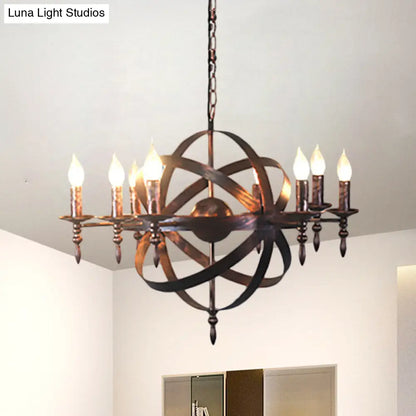 Metallic Chandelier with Spherical Cage Shade - Vintage 6/8 Head Ceiling Light for Restaurants in Black/Rust