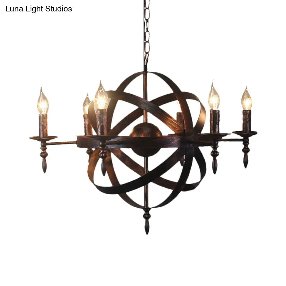 Metallic Chandelier with Spherical Cage Shade - Vintage 6/8 Head Ceiling Light for Restaurants in Black/Rust