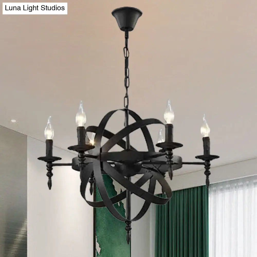 Metallic Chandelier with Spherical Cage Shade - Vintage 6/8 Head Ceiling Light for Restaurants in Black/Rust