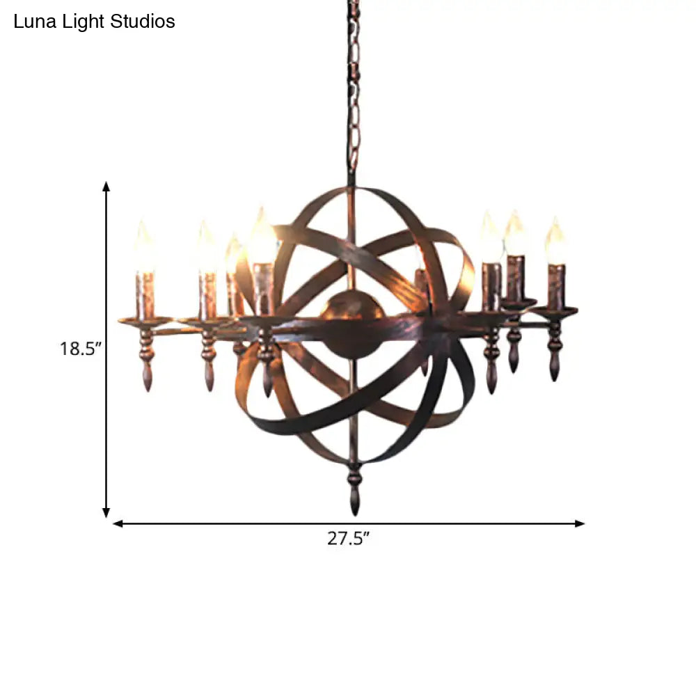 Metallic Chandelier with Spherical Cage Shade - Vintage 6/8 Head Ceiling Light for Restaurants in Black/Rust