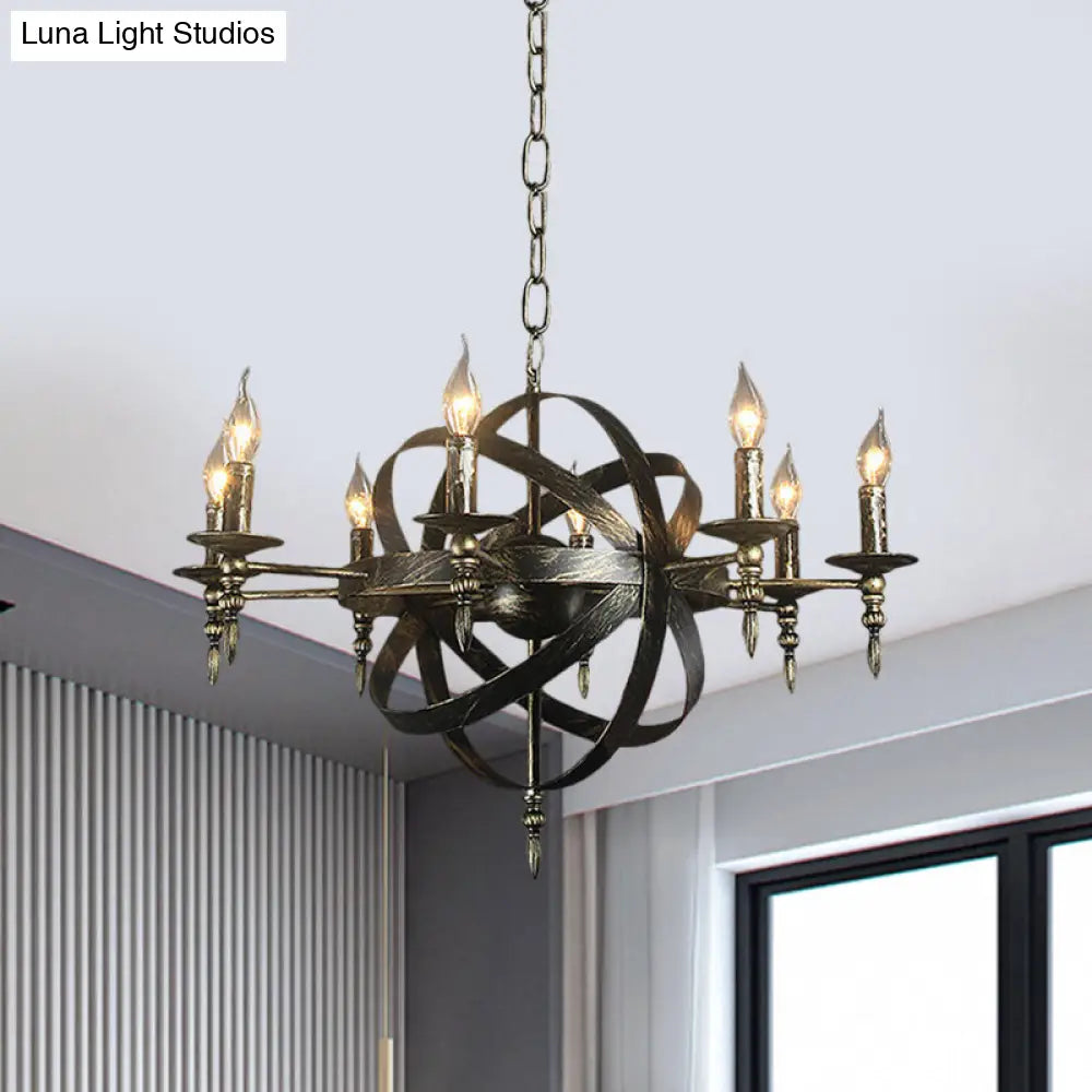 Metallic Chandelier with Spherical Cage Shade - Vintage 6/8 Head Ceiling Light for Restaurants in Black/Rust