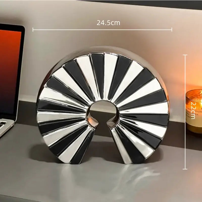 Shiny black and silver metallic chrome geometric ceramic fan ornament with sunburst design for living room decorbites decor