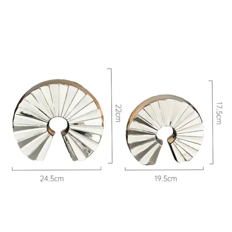 Shiny metallic chrome geometric ceramic fan ornaments in two sizes with central hole for living room decorbites decor