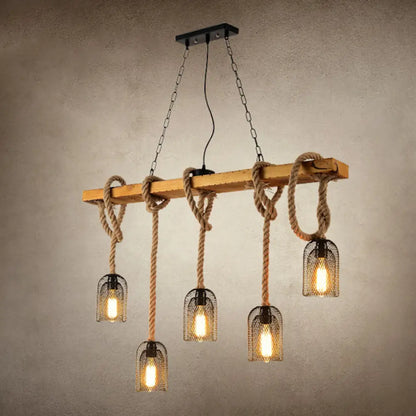 ديكوربايتس™ مصباح معلق على شكل قبة معدنية: ثريا جزيرة عتيقة مع حبل قنب ولمسات خشبية