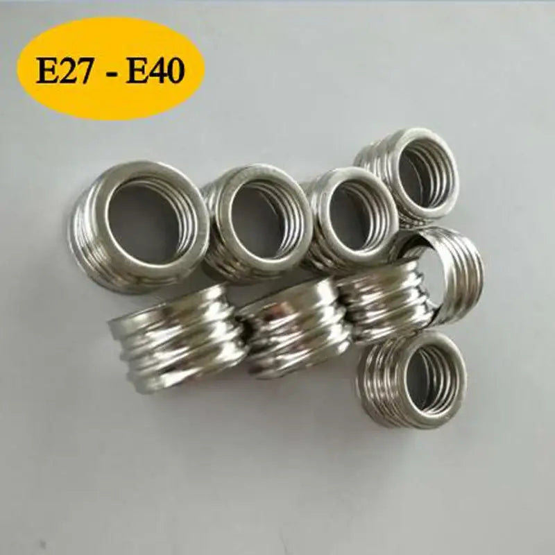Silver metallic threaded insert rings e27-e40 for metallic e40 lamp holder adapter pack in garage workshop lighting