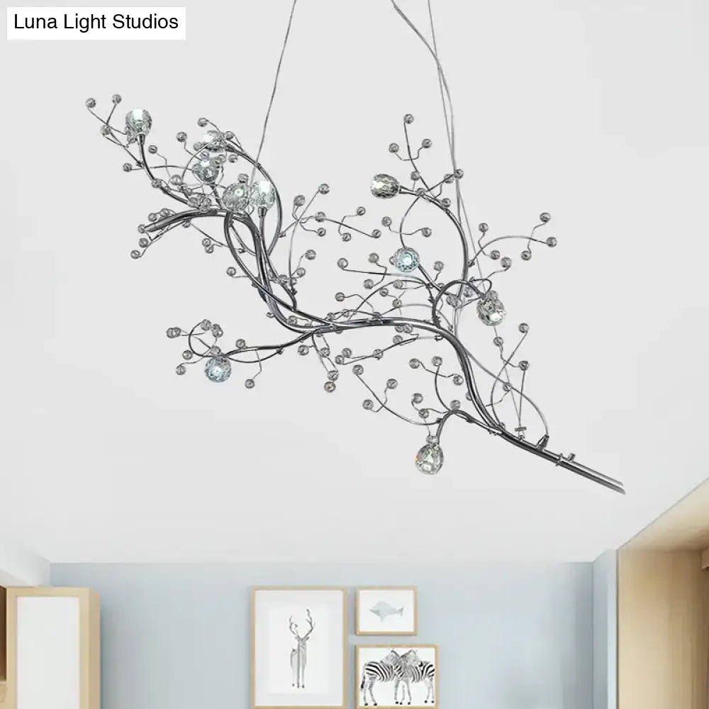 Silver situla metallic branch chandelier with clear crystal bead spheres and 10 lights for romantic boutique lighting