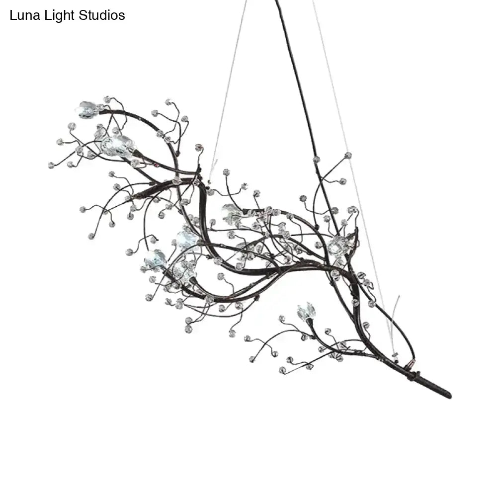 Elegant black situla metallic thin branch chandelier with crystal beads suspension light for romantic boutique decor