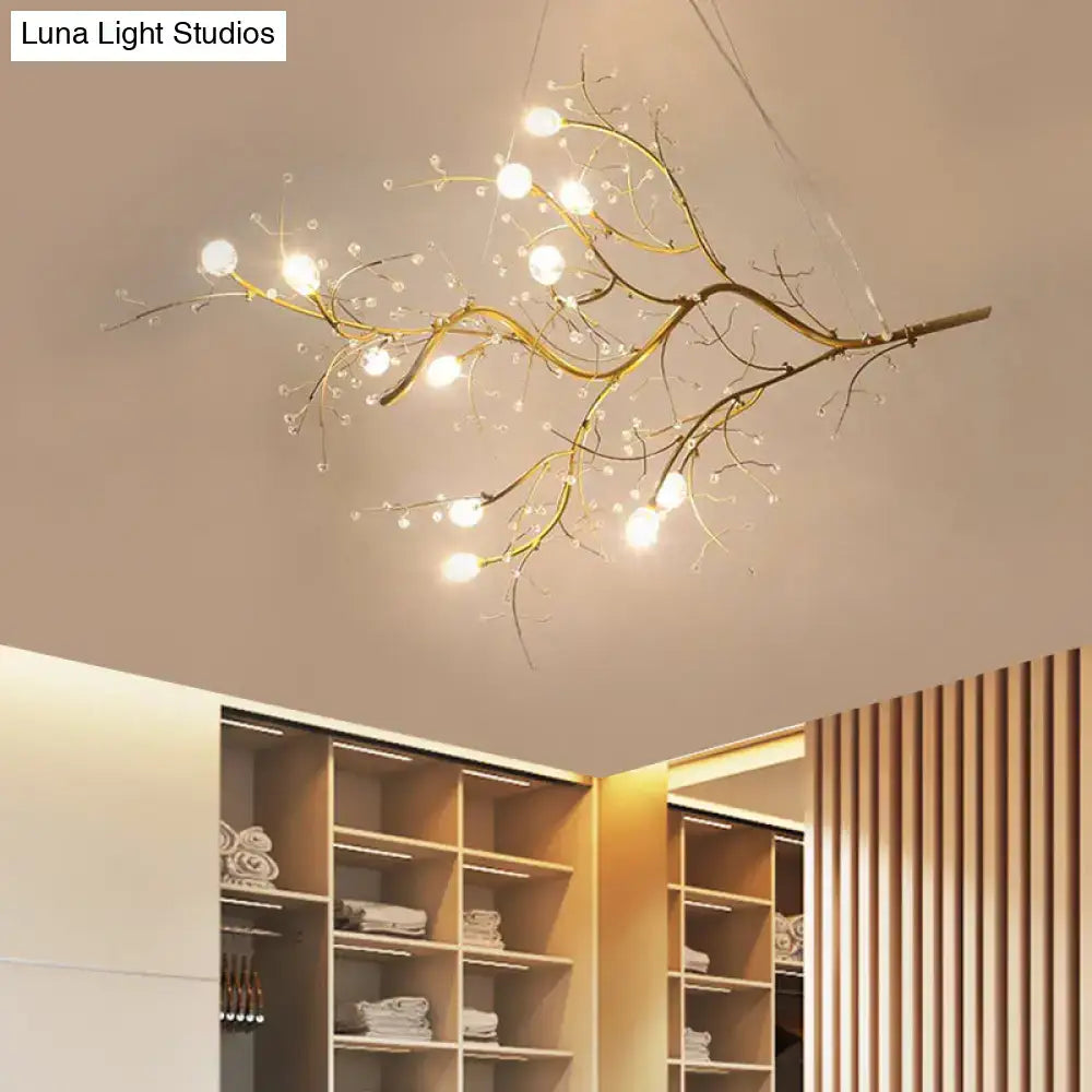 Golden situla metallic thin branch chandelier with crystal bead and warm bulbs suspension light for boutique decor