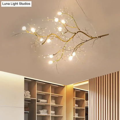 Golden situla metallic thin branch chandelier with crystal bead and warm bulbs suspension light for boutique decor