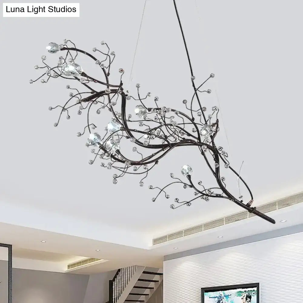 Black wrought iron situla metallic branch chandelier with clear crystal beads 10 light romantic suspension light