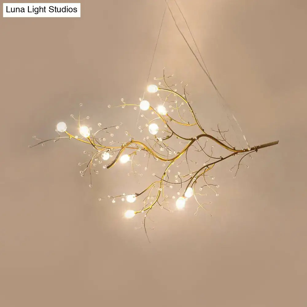 Golden situla metallic branch chandelier with glowing spherical lights and crystal bead suspension light for boutique