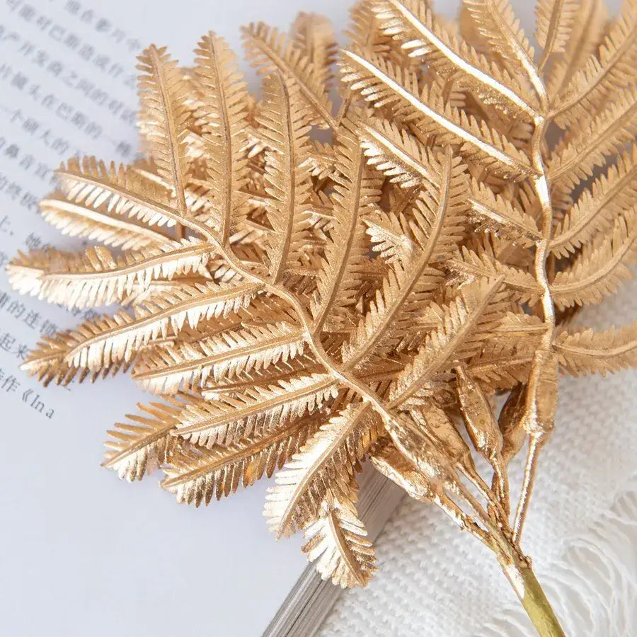 Gold metallic fern branch decorbites gold palm leaves decorative pin for living room palm leaves decor