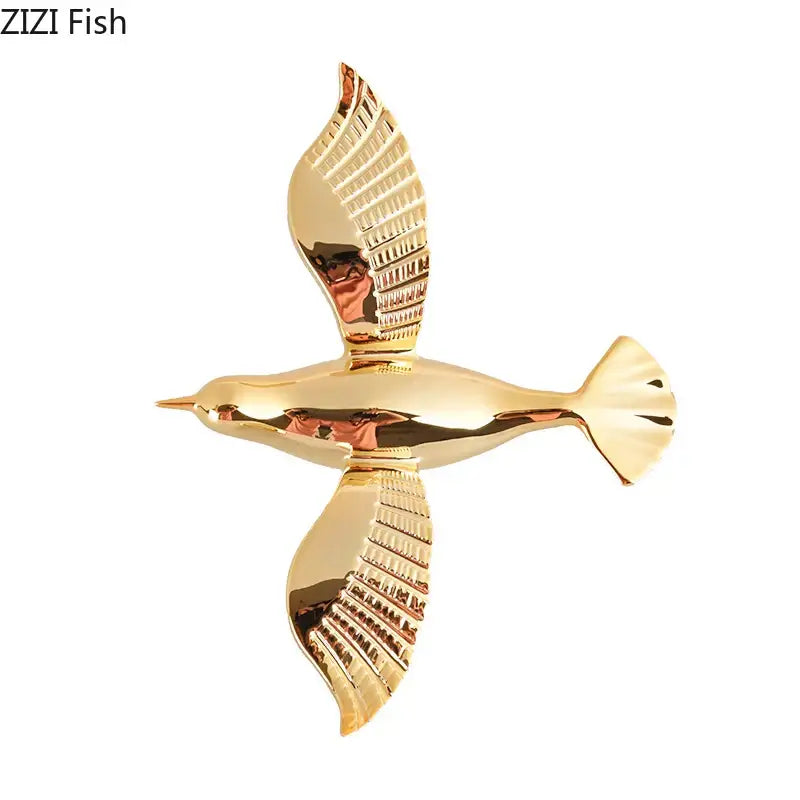 Metallic gold bird-shaped pigeon wall ornament with textured wings and reflective finish for living room dove statue decor