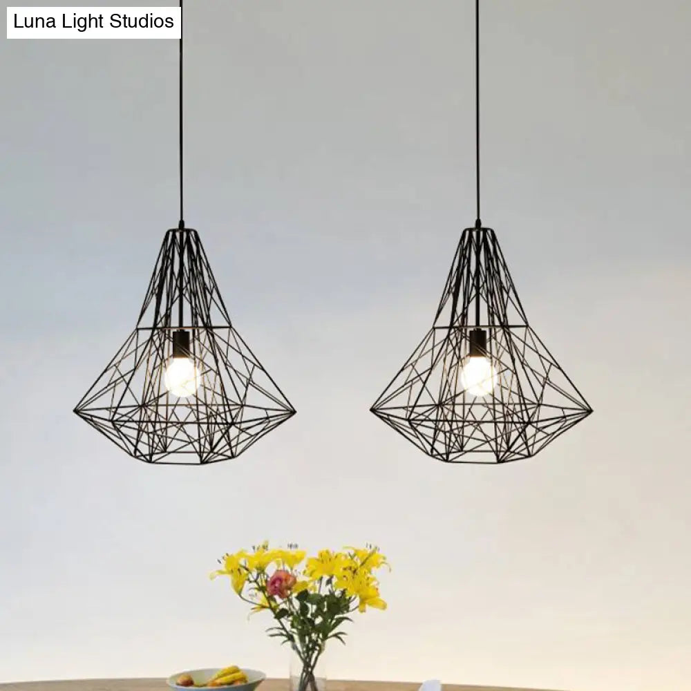 Metallic Industrial Cage Diamond Pendant Lighting - Black/White, 1 Head, for Dining Room - 16"/19.5" Dia