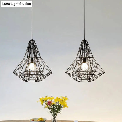 Metallic Industrial Cage Diamond Pendant Lighting - Black/White, 1 Head, for Dining Room - 16"/19.5" Dia