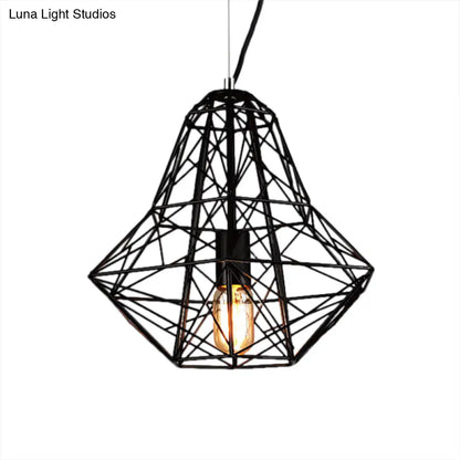 Metallic Industrial Cage Diamond Pendant Lighting - Black/White, 1 Head, for Dining Room - 16"/19.5" Dia