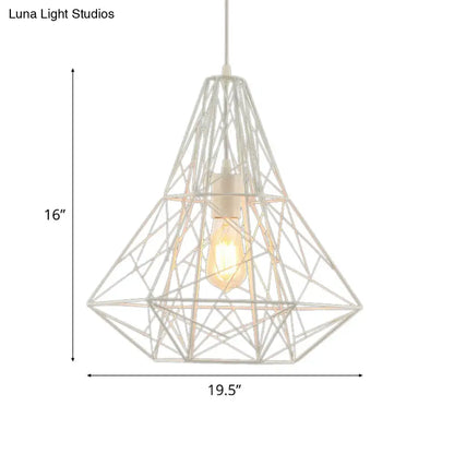 Metallic Industrial Cage Diamond Pendant Lighting - Black/White, 1 Head, for Dining Room - 16"/19.5" Dia