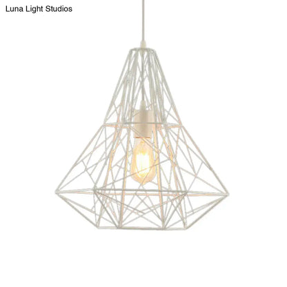 Metallic Industrial Cage Diamond Pendant Lighting - Black/White, 1 Head, for Dining Room - 16"/19.5" Dia