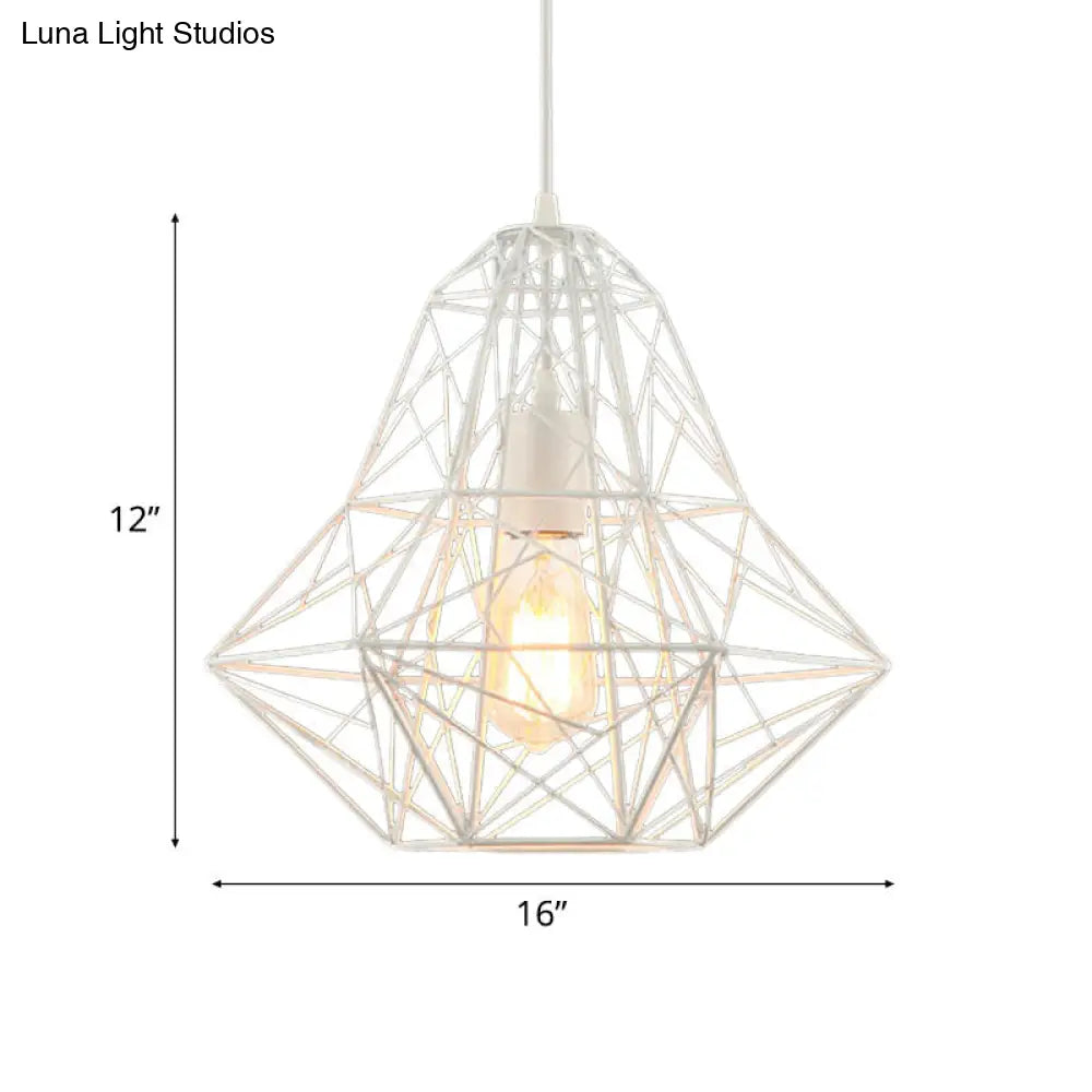 Metallic Industrial Cage Diamond Pendant Lighting - Black/White, 1 Head, for Dining Room - 16"/19.5" Dia