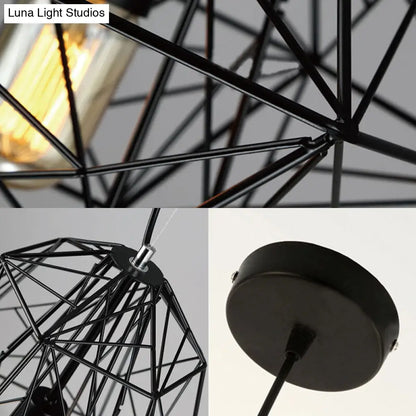 Metallic Industrial Cage Diamond Pendant Lighting - Black/White, 1 Head, for Dining Room - 16"/19.5" Dia