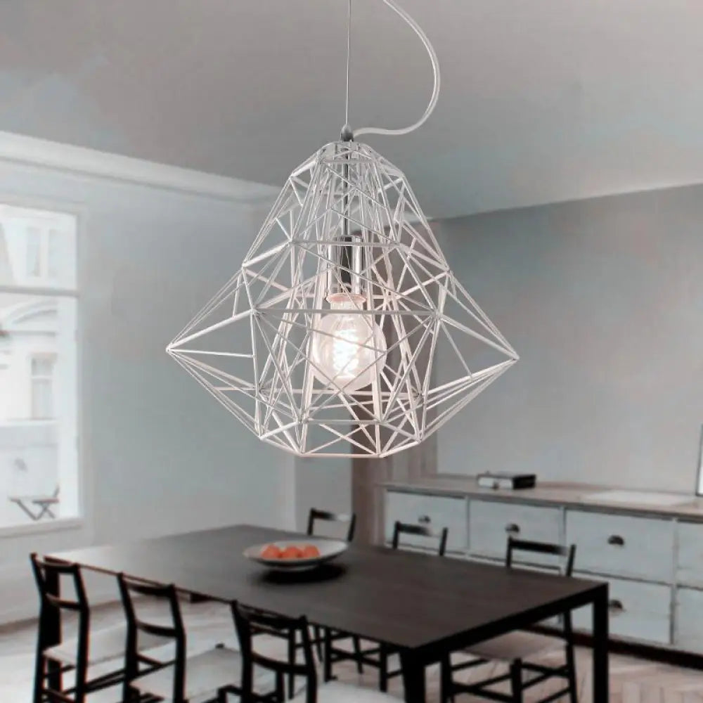 Metallic Industrial Cage Diamond Pendant Lighting - Black/White, 1 Head, for Dining Room - 16"/19.5" Dia