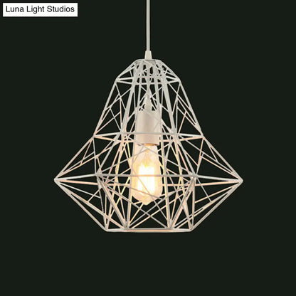 Metallic Industrial Cage Diamond Pendant Lighting - Black/White, 1 Head, for Dining Room - 16"/19.5" Dia