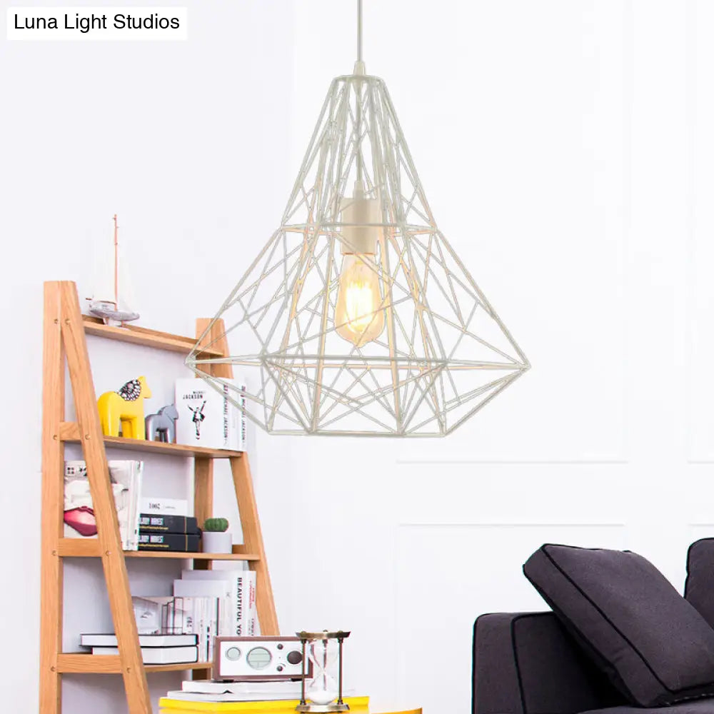 Metallic Industrial Cage Diamond Pendant Lighting - Black/White, 1 Head, for Dining Room - 16"/19.5" Dia