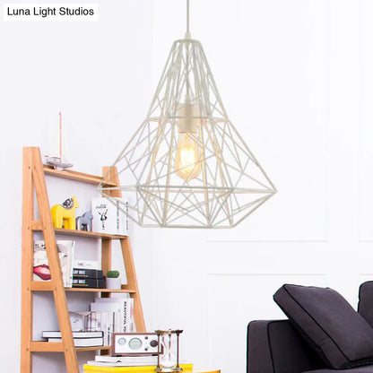 Metallic Industrial Cage Diamond Pendant Lighting - Black/White, 1 Head, for Dining Room - 16"/19.5" Dia