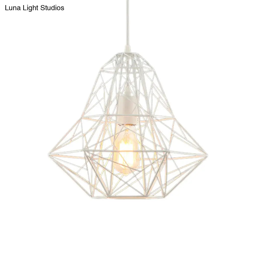 Metallic Industrial Cage Diamond Pendant Lighting - Black/White, 1 Head, for Dining Room - 16"/19.5" Dia