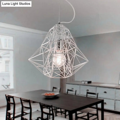 Metallic Industrial Cage Diamond Pendant Lighting - Black/White, 1 Head, for Dining Room - 16"/19.5" Dia