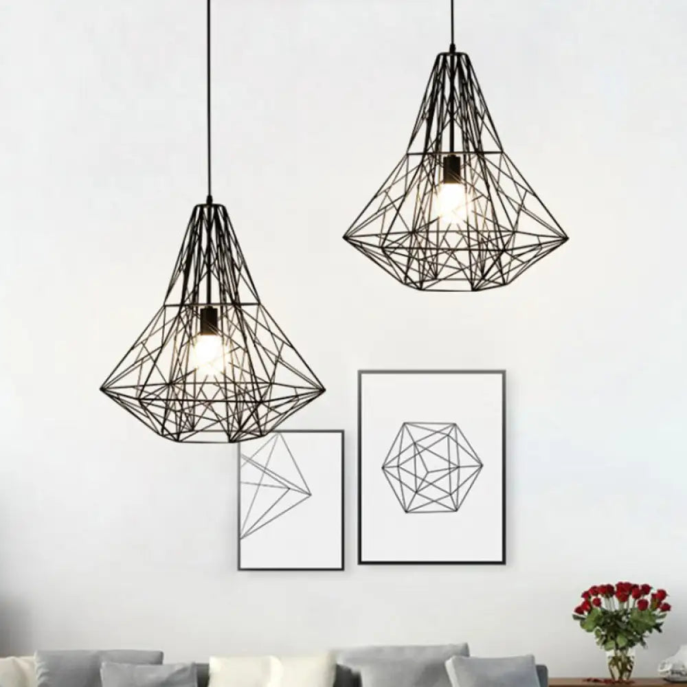 Metallic Industrial Cage Diamond Pendant Lighting - Black/White, 1 Head, for Dining Room - 16"/19.5" Dia