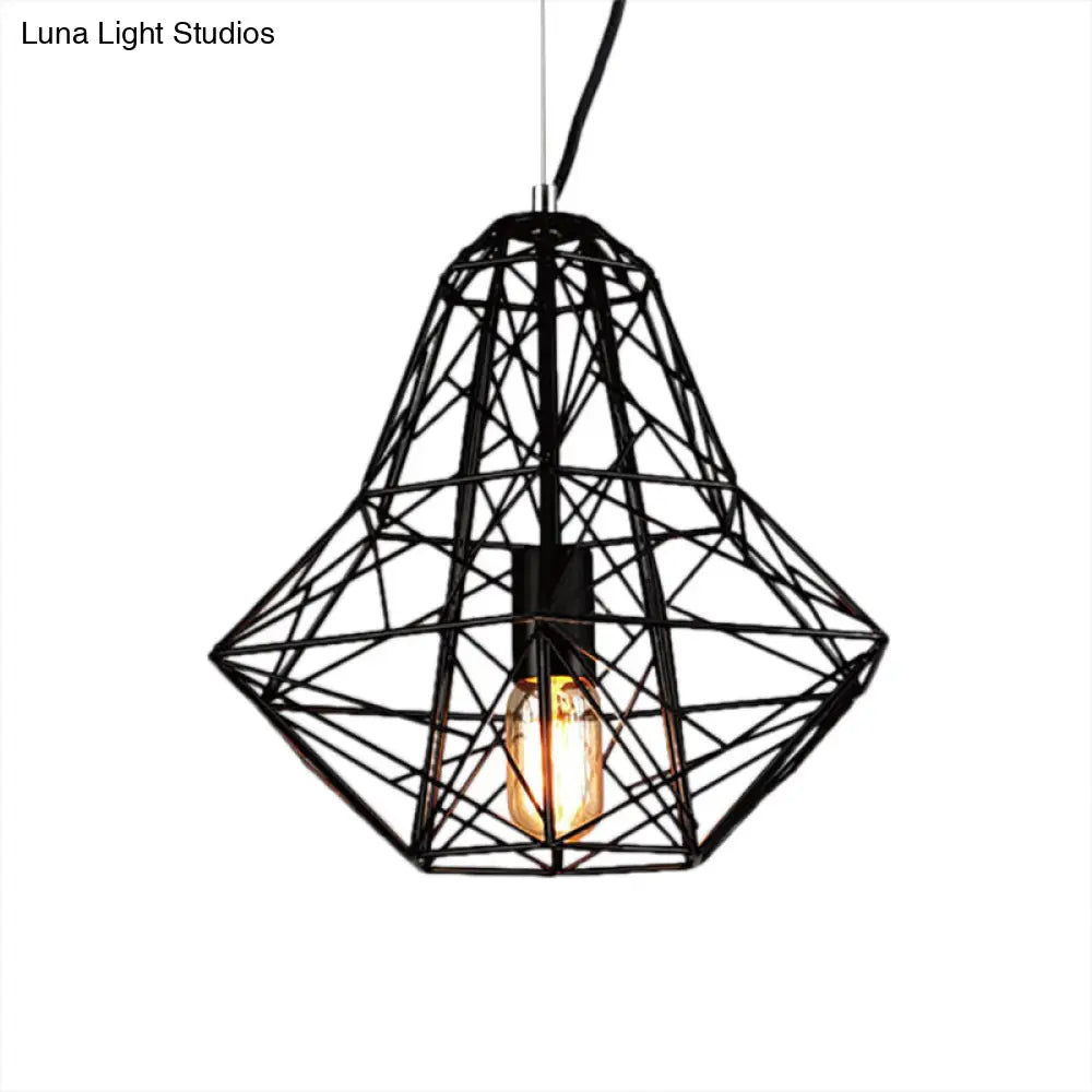 Metallic Industrial Cage Diamond Pendant Lighting - Black/White, 1 Head, for Dining Room - 16"/19.5" Dia