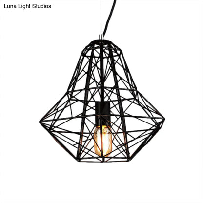 Metallic Industrial Cage Diamond Pendant Lighting - Black/White, 1 Head, for Dining Room - 16"/19.5" Dia