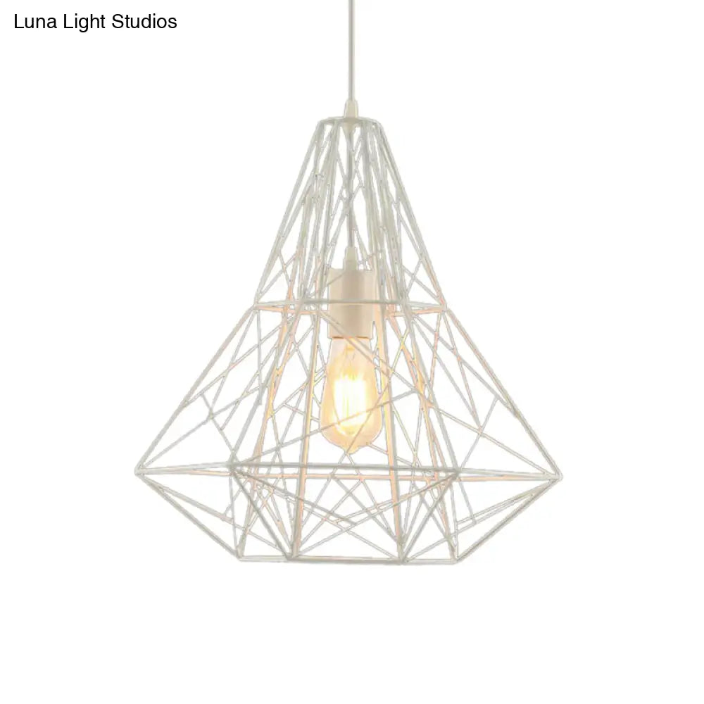 Metallic Industrial Cage Diamond Pendant Lighting - Black/White, 1 Head, for Dining Room - 16"/19.5" Dia