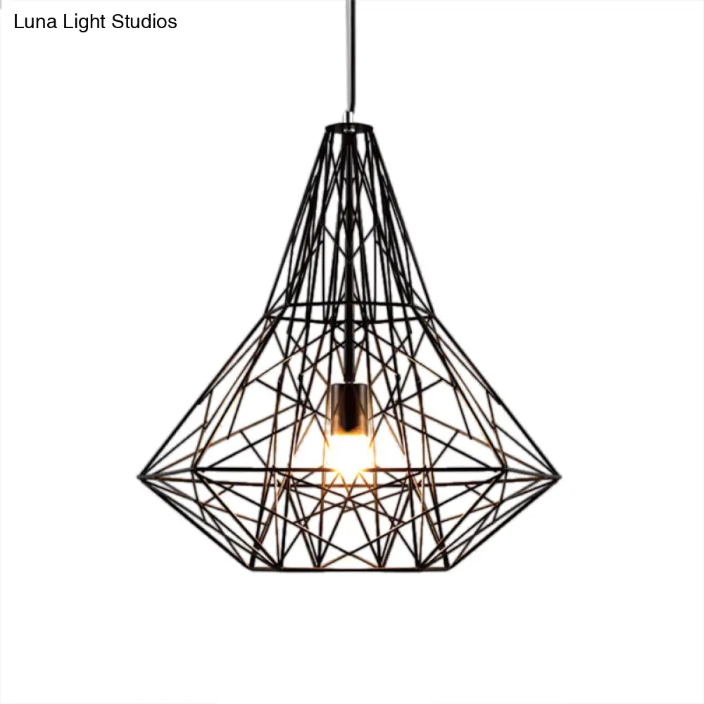 Metallic Industrial Cage Diamond Pendant Lighting - Black/White, 1 Head, for Dining Room - 16"/19.5" Dia