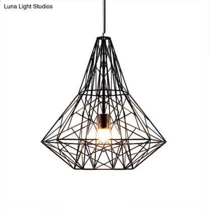 Metallic Industrial Cage Diamond Pendant Lighting - Black/White, 1 Head, for Dining Room - 16"/19.5" Dia