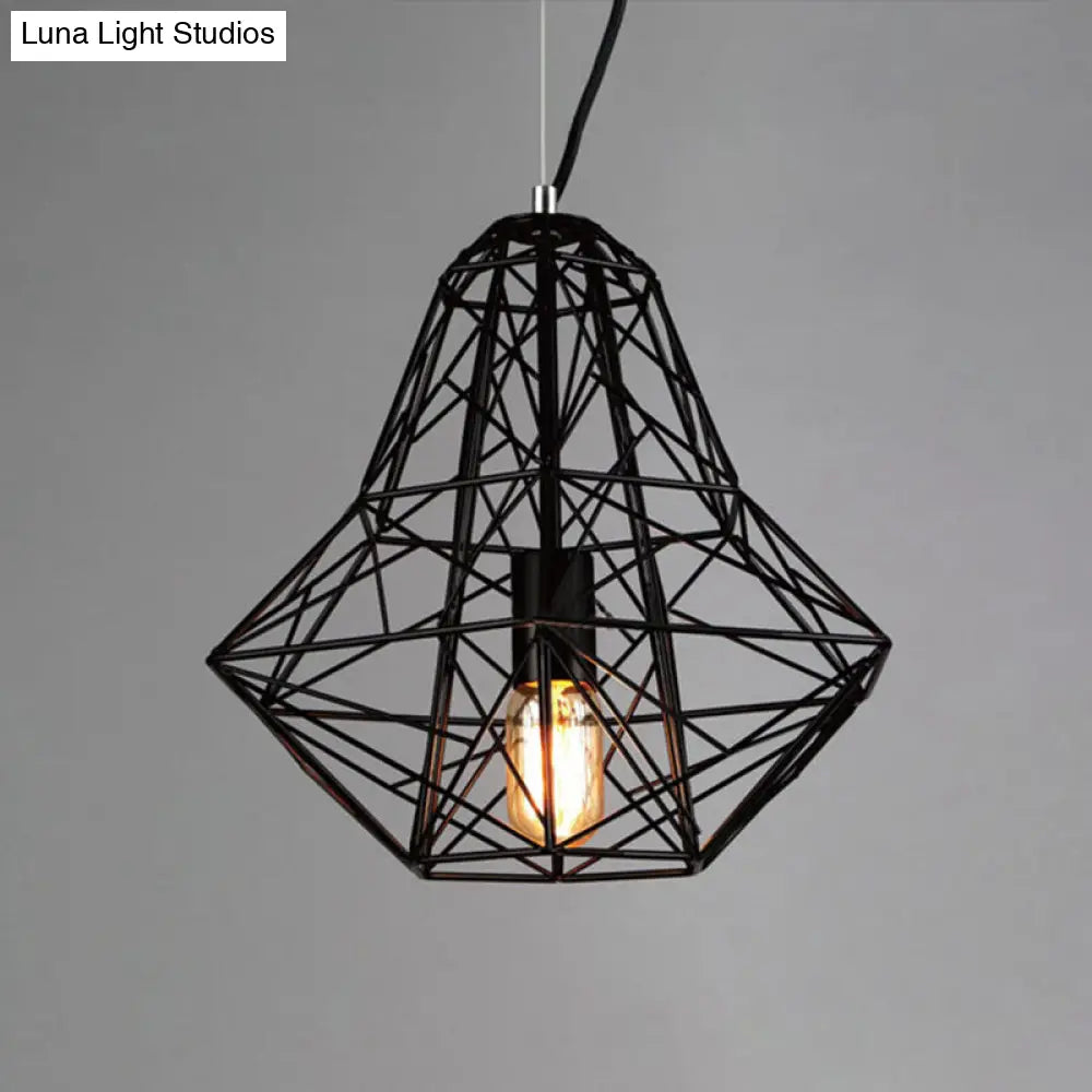 Metallic Industrial Cage Diamond Pendant Lighting - Black/White, 1 Head, for Dining Room - 16"/19.5" Dia