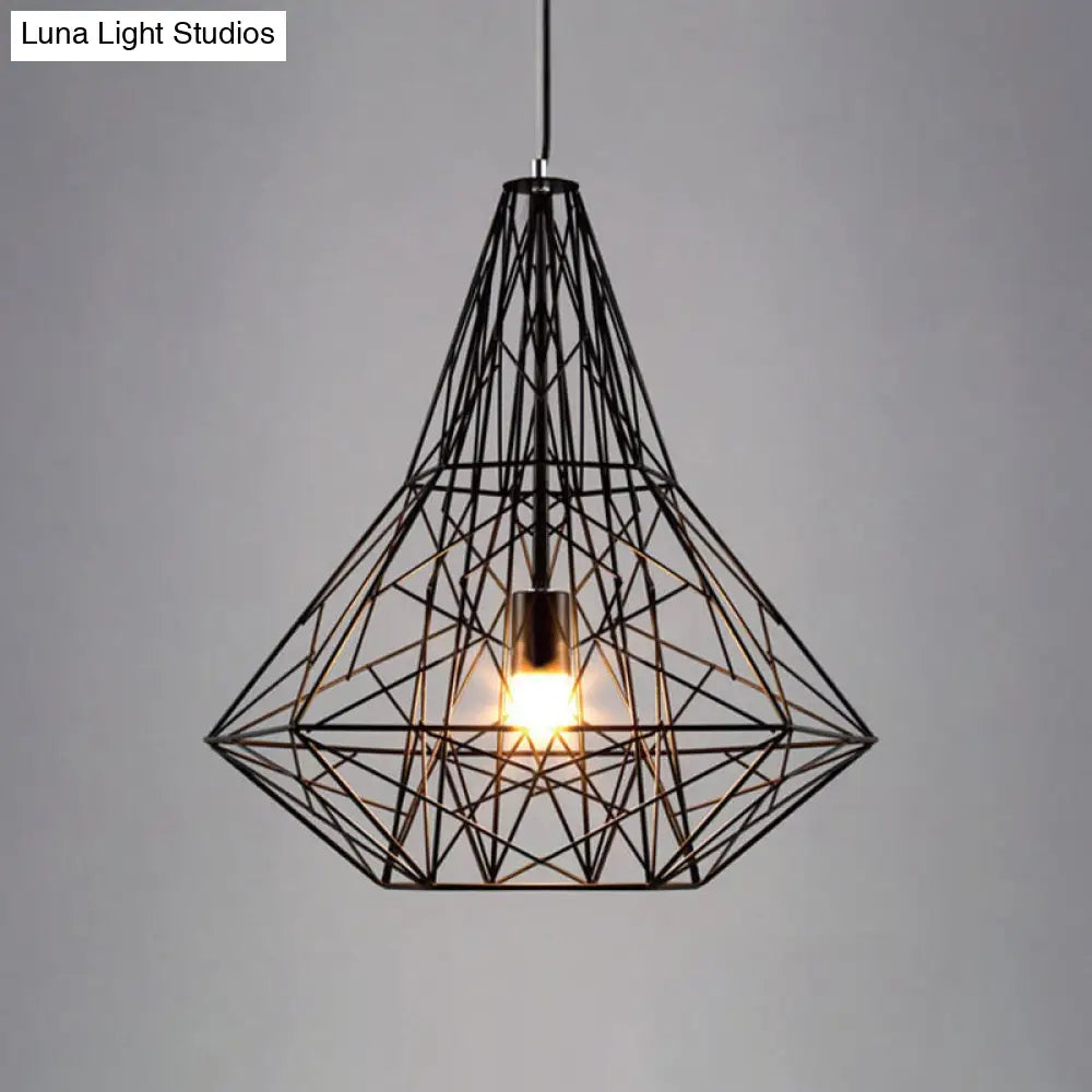 Metallic Industrial Cage Diamond Pendant Lighting - Black/White, 1 Head, for Dining Room - 16"/19.5" Dia