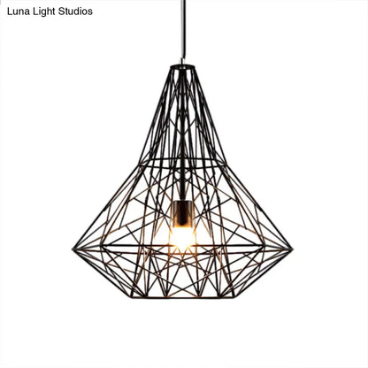 Metallic Industrial Cage Diamond Pendant Lighting - Black/White, 1 Head, for Dining Room - 16"/19.5" Dia