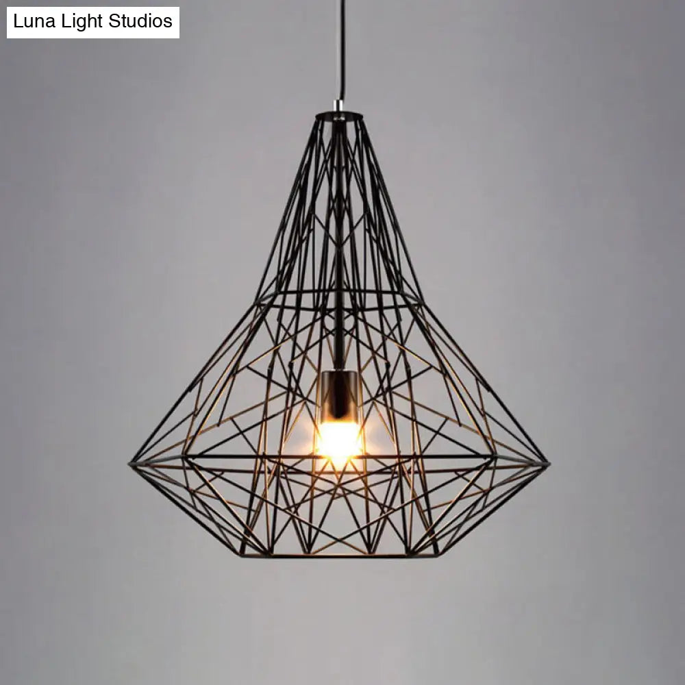 Metallic Industrial Cage Diamond Pendant Lighting - Black/White, 1 Head, for Dining Room - 16"/19.5" Dia