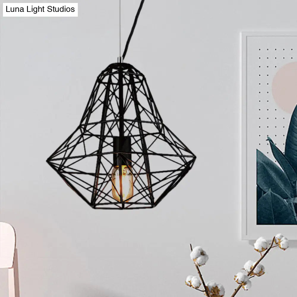 Metallic Industrial Cage Diamond Pendant Lighting - Black/White, 1 Head, for Dining Room - 16"/19.5" Dia