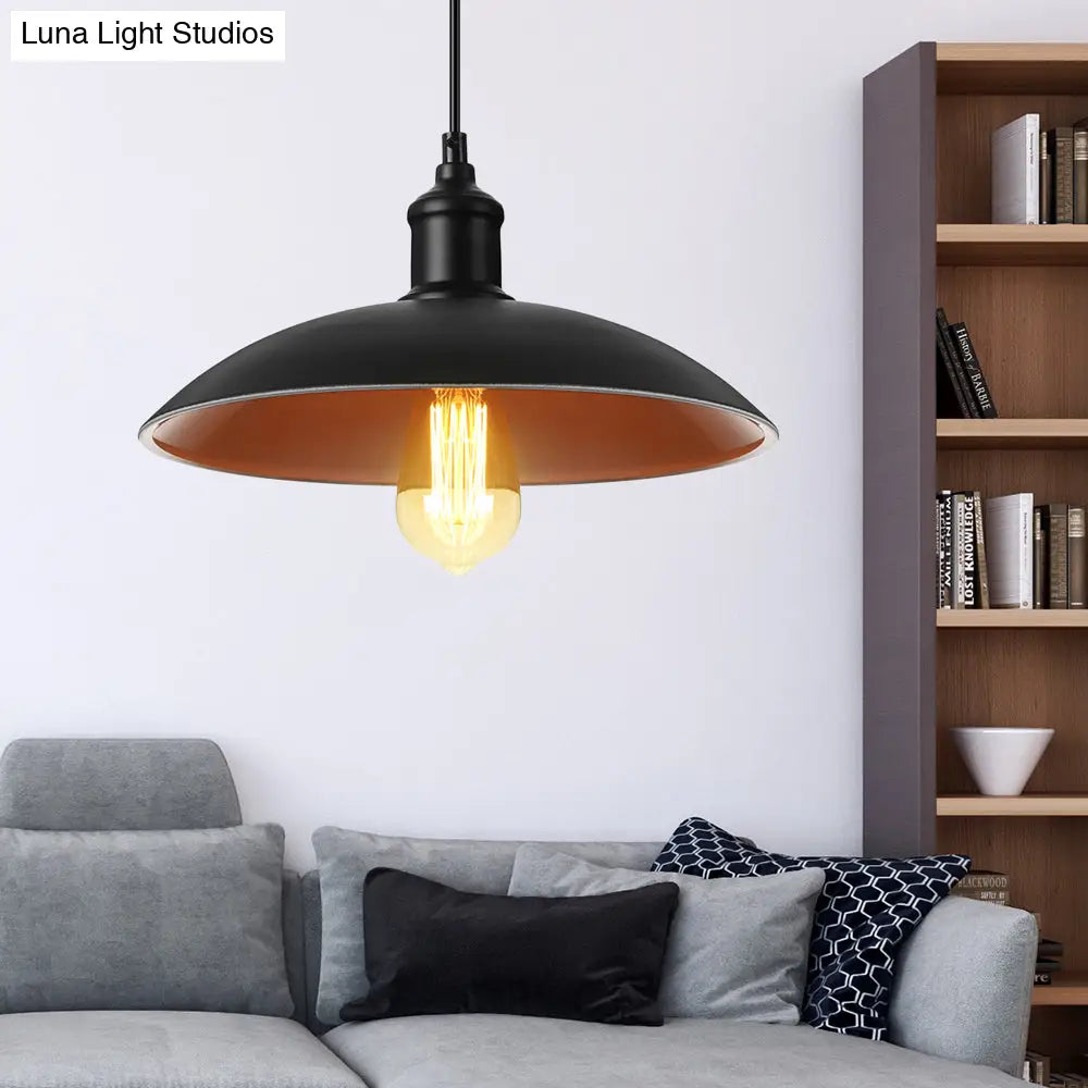 Metallic Loft Style Pendant Lamp with Saucer Shade for Living Room, Black/White - 12.5"/16" W