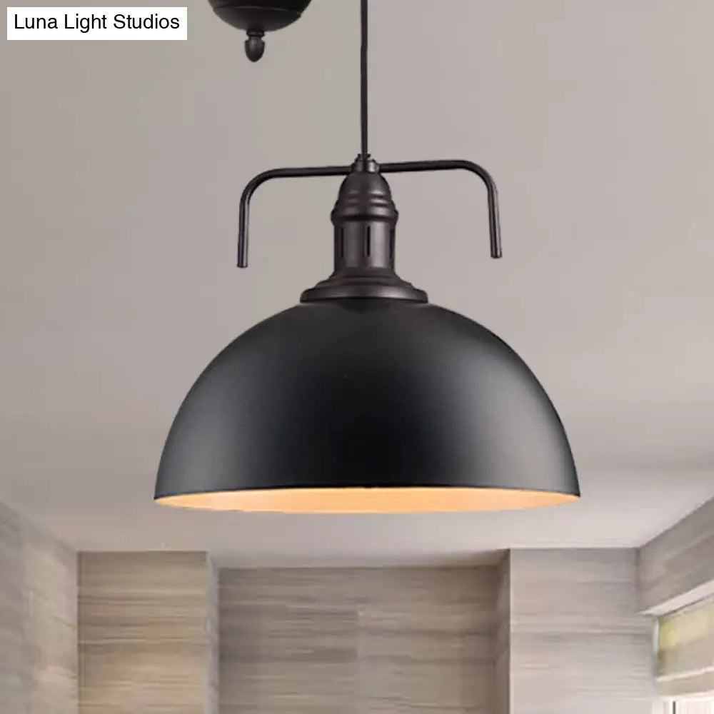 Metallic Pendant Light with Pulley Design - Black Dome Warehouse Style, 1 Light, 8"/12" Wide