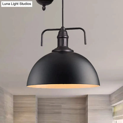 Metallic Pendant Light with Pulley Design - Black Dome Warehouse Style, 1 Light, 8"/12" Wide