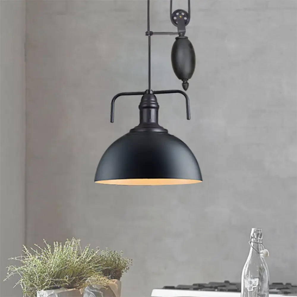 Metallic Pendant Light with Pulley Design - Black Dome Warehouse Style, 1 Light, 8"/12" Wide