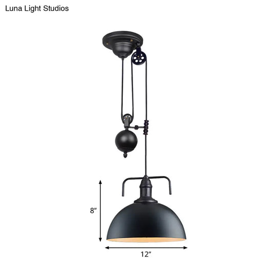 Metallic Pendant Light with Pulley Design - Black Dome Warehouse Style, 1 Light, 8"/12" Wide