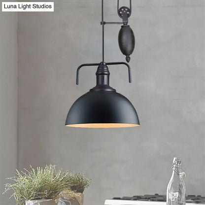 Metallic Pendant Light with Pulley Design - Black Dome Warehouse Style, 1 Light, 8"/12" Wide