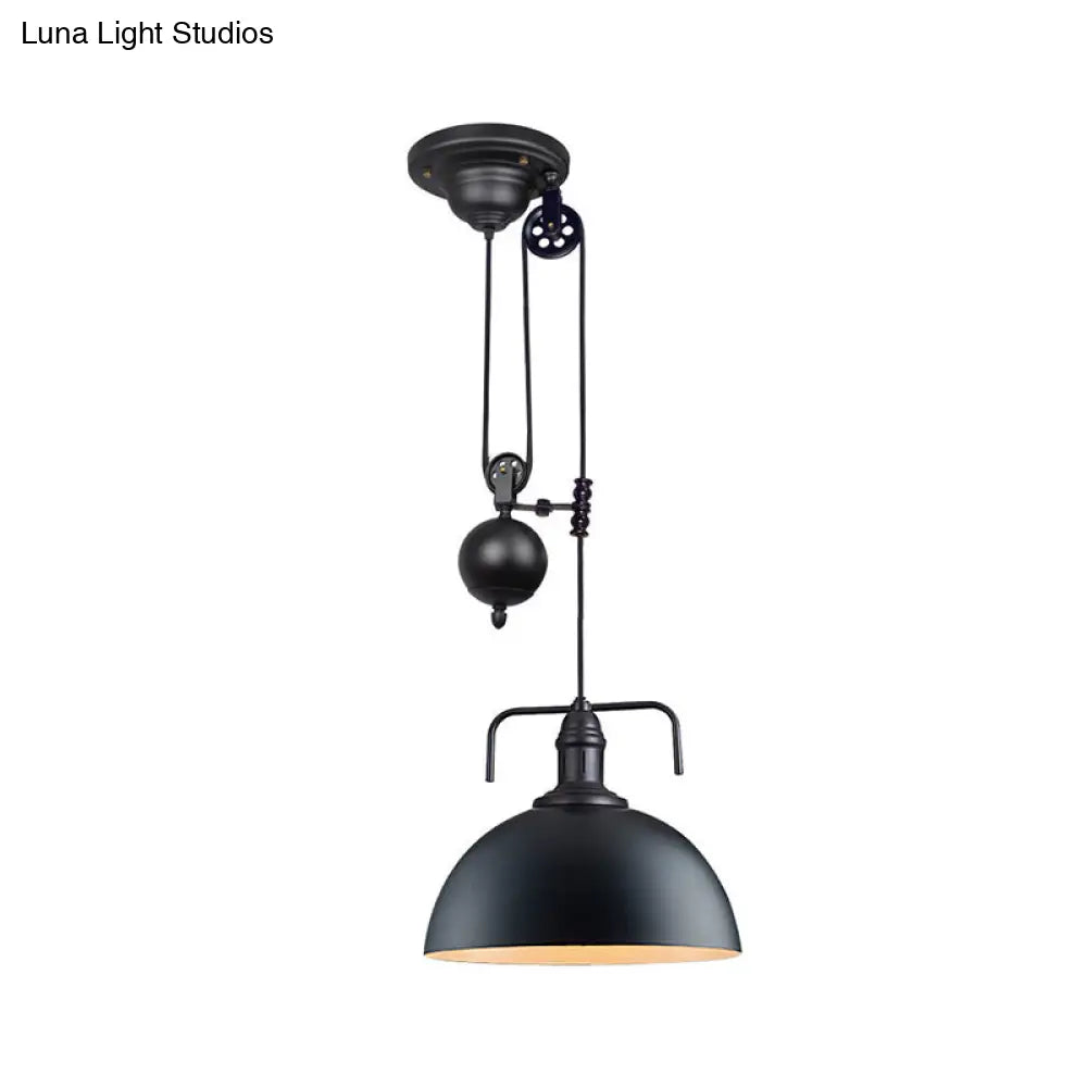 Metallic Pendant Light with Pulley Design - Black Dome Warehouse Style, 1 Light, 8"/12" Wide