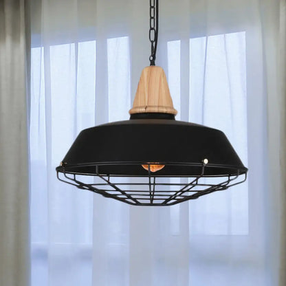 Metallic Retro Style Ceiling Hanging Pendant Light with Barn and Wire Guard, 1 Head, Black, 3 Sizes Available