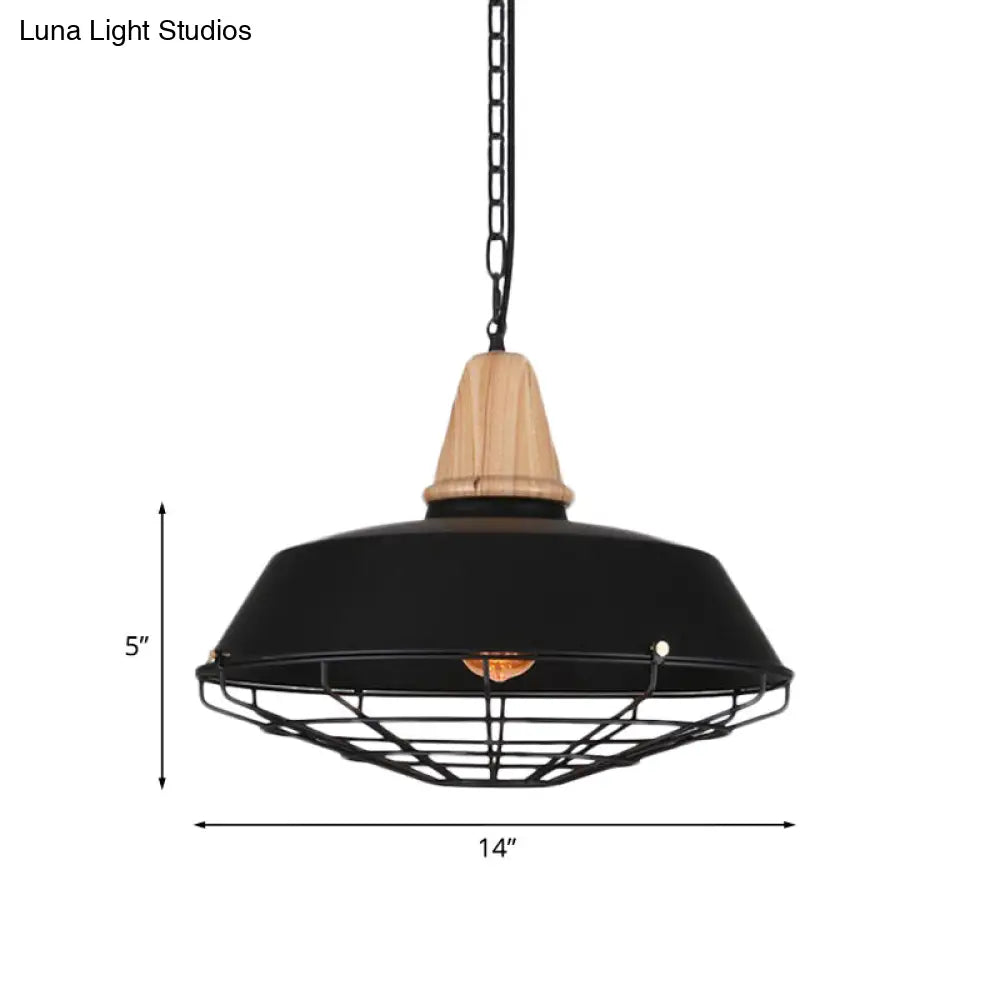 Metallic Retro Style Ceiling Hanging Pendant Light with Barn and Wire Guard, 1 Head, Black, 3 Sizes Available